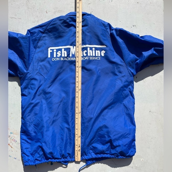 Men's Vintage Fish Machine Windbreaker Blue Logo M Nylon Button Lined USA 80s - Picture 14 of 15